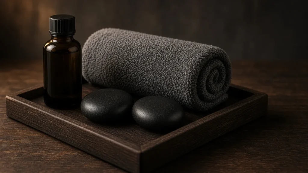 Dark towel and massage stones on a tray in a deep tissue massage room in Business Bay