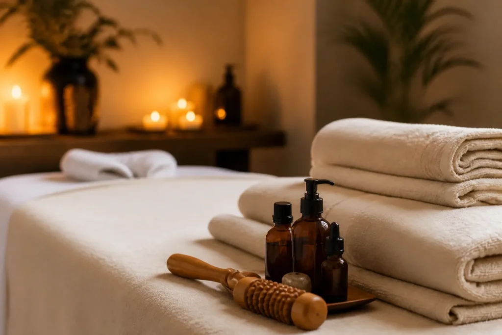 Massage table prepared with fresh white towels for a full body massage in Business Bay