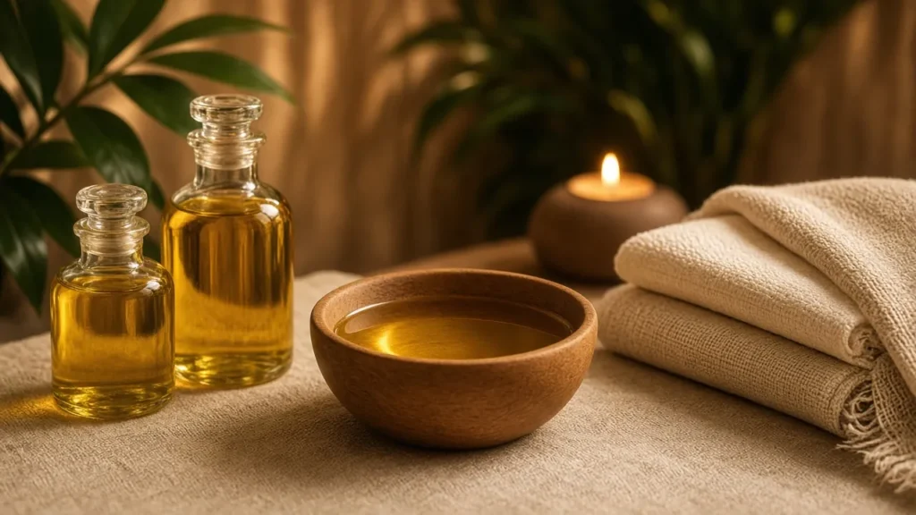 Bowl of warm massage oil and glass bottles prepared for a hot oil massage at Harmony Spa