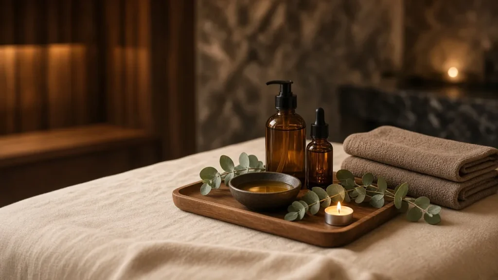 Thai massage room with towels, oils and candles at Harmony Spa Business Bay
